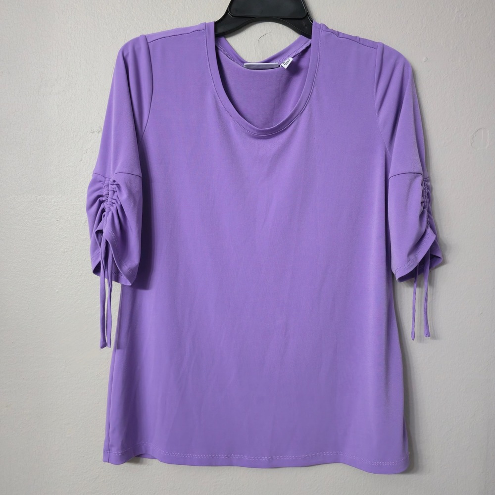Susan Graver Liquid Knit Purple Top Cinched Tie Elbow Sleeve XS